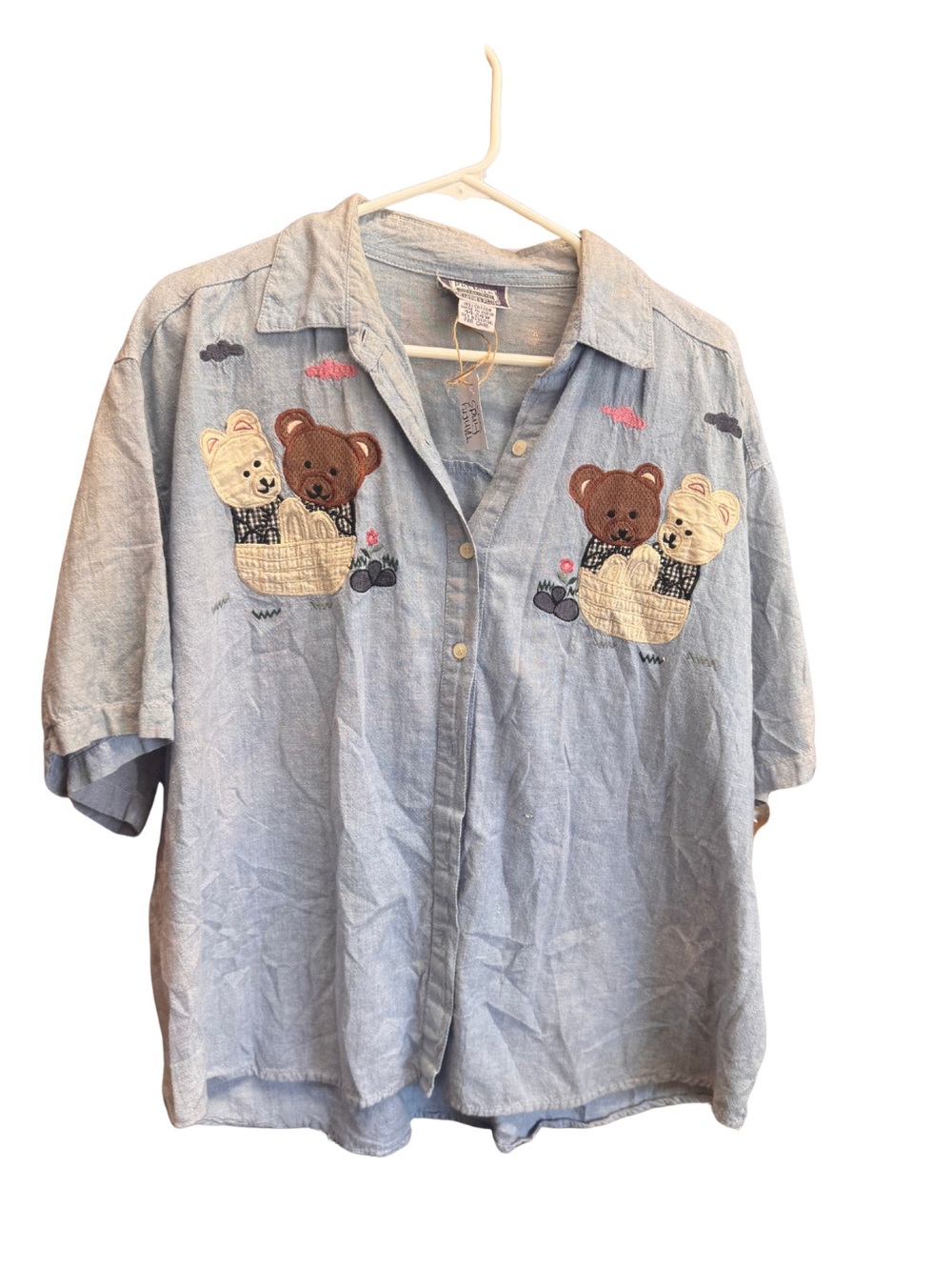 Women’s plus light denim Embroidered Teddy Bear Button-Up Shirt
